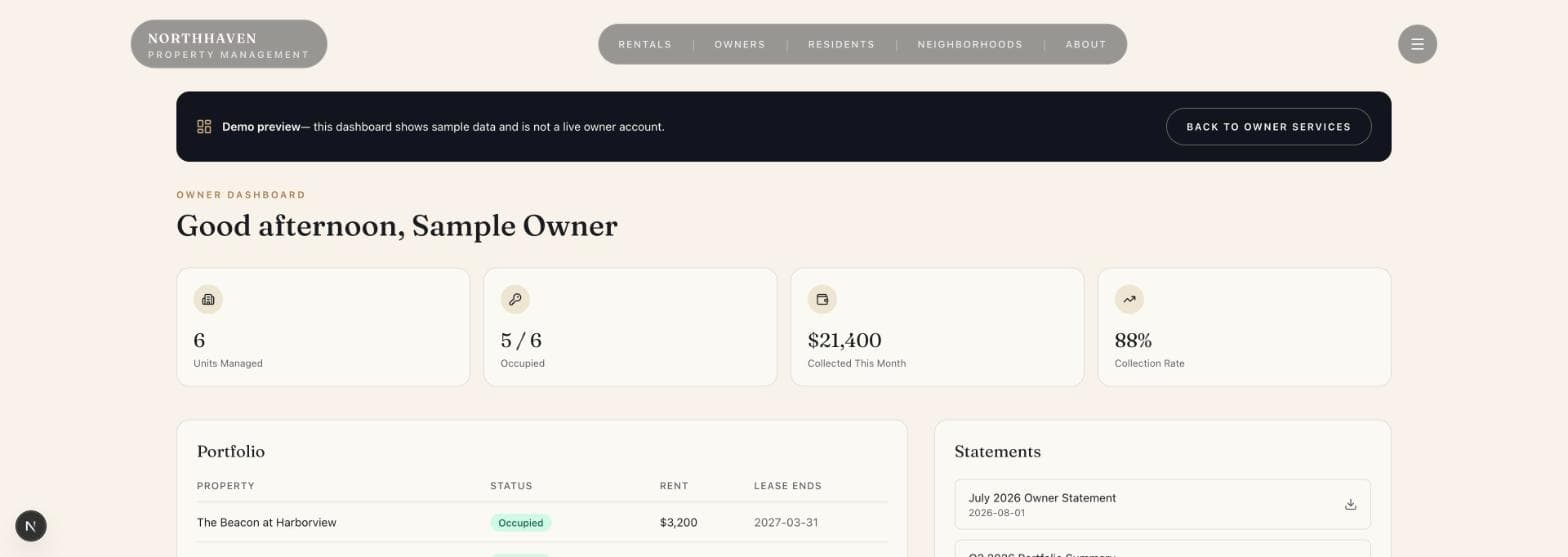 Northhaven desktop owner dashboard with portfolio metrics