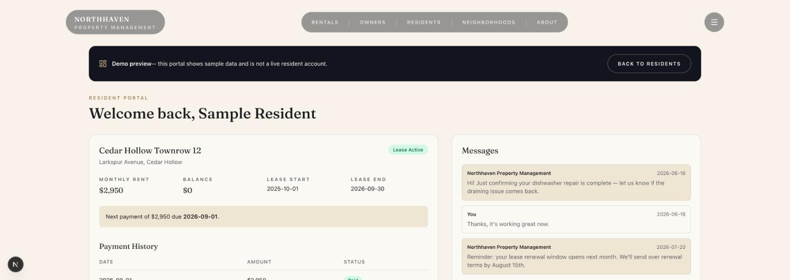 Northhaven desktop resident portal with lease and messages