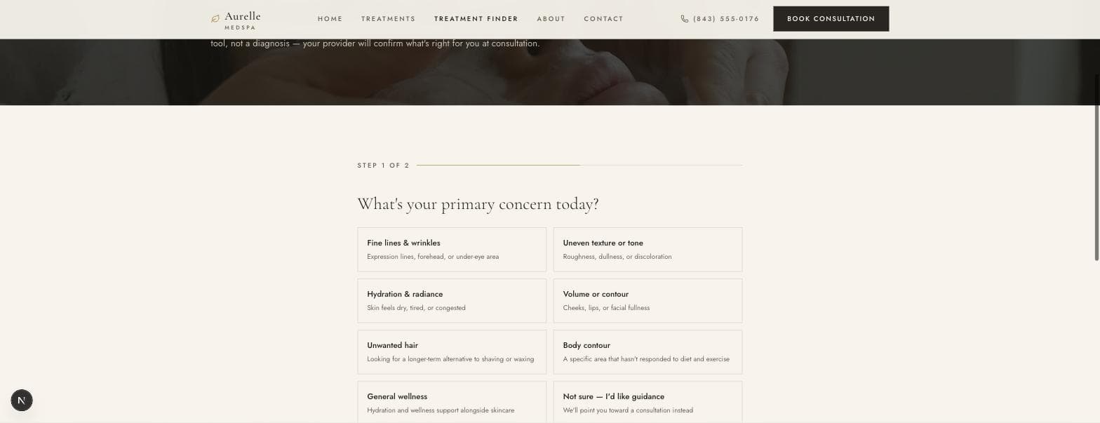 Aurelle Medspa desktop Treatment Finder concern selection