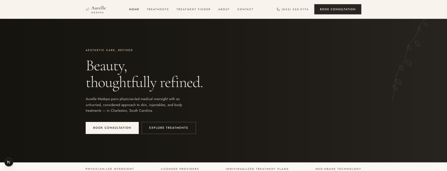 Aurelle Medspa desktop homepage hero