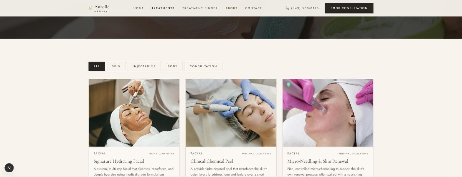 Aurelle Medspa desktop treatments grid with category filters