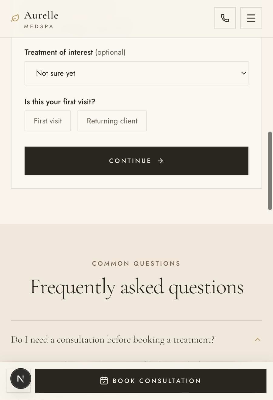 Aurelle Medspa mobile consultation wizard and FAQ