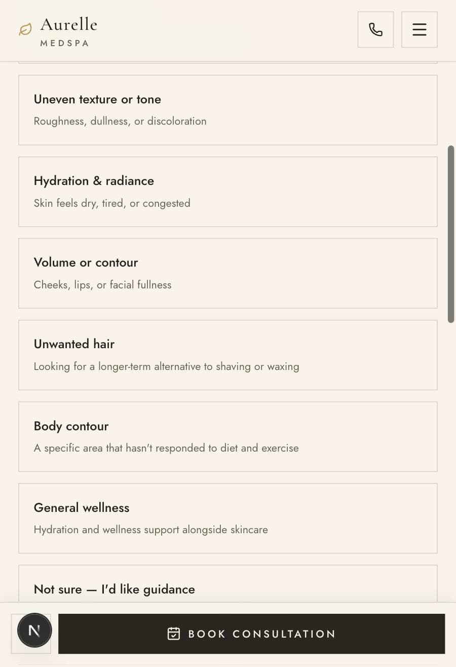 Aurelle Medspa mobile Treatment Finder concern options
