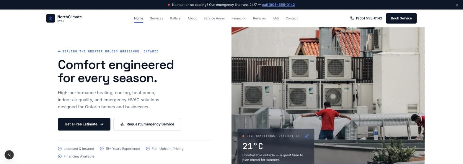 NorthClimate HVAC desktop homepage hero with live weather widget