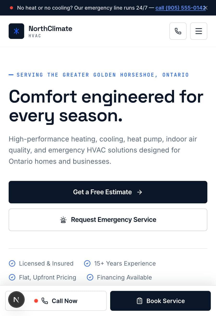 NorthClimate HVAC mobile homepage hero