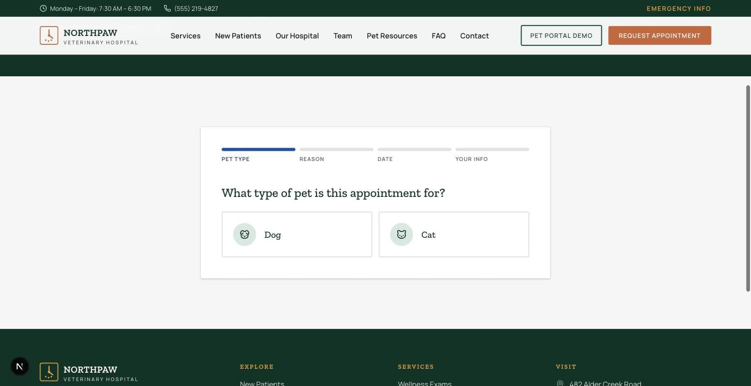 Northpaw desktop 4-step appointment request flow, pet type step