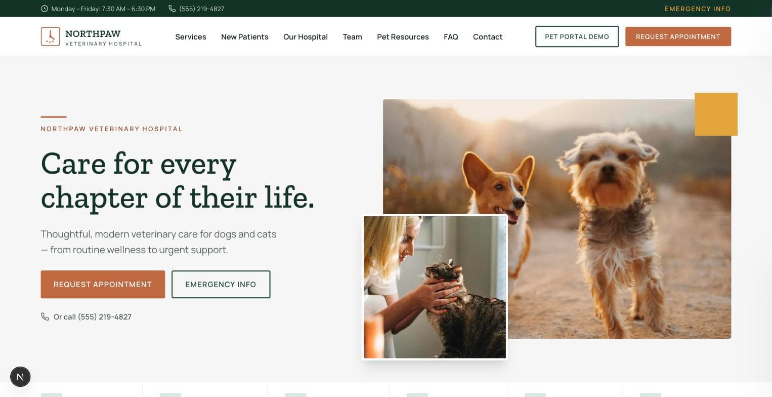 Northpaw Veterinary Hospital desktop homepage hero