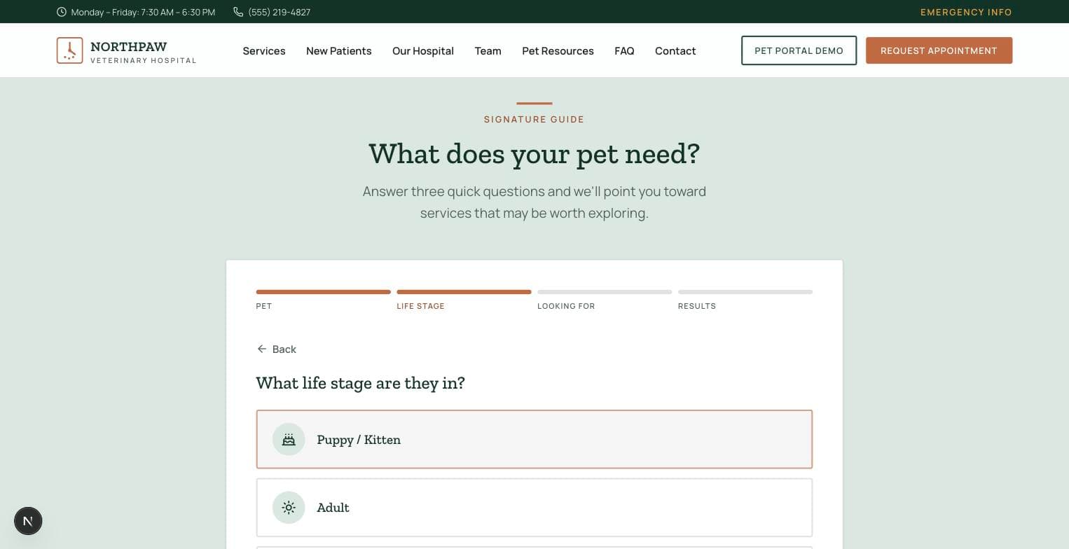 Northpaw desktop “What Does Your Pet Need?” interactive guide, life stage step
