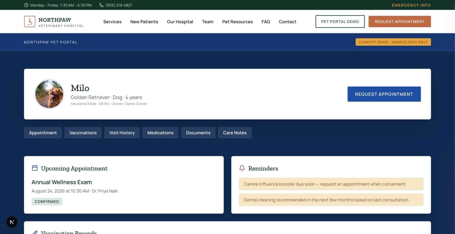 Northpaw desktop Pet Portal concept demo showing a sample pet profile and upcoming appointment
