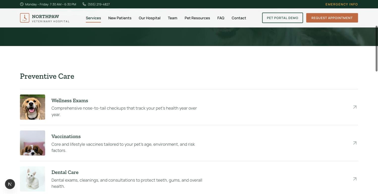 Northpaw desktop services list with wellness, vaccination, and dental care
