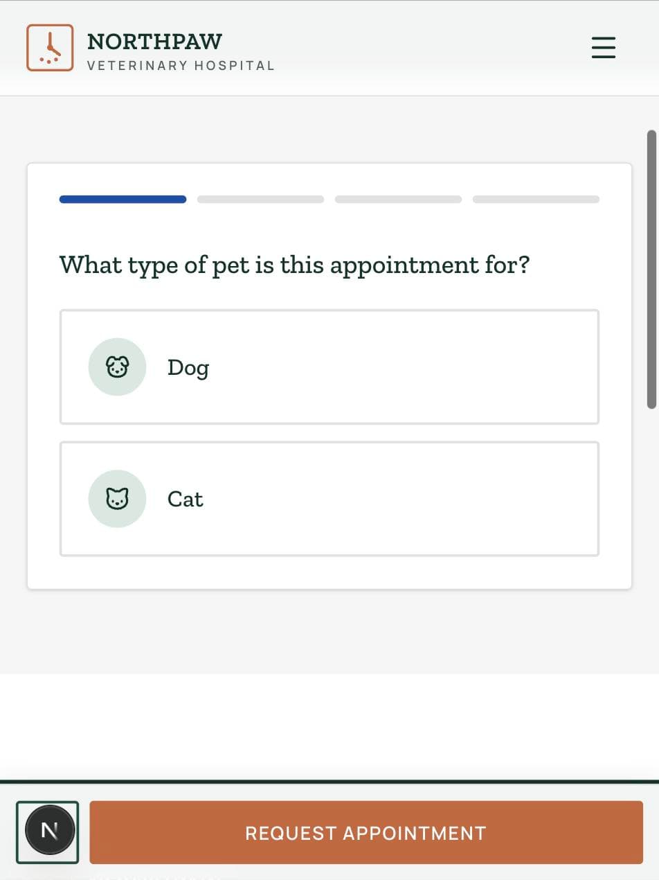 Northpaw mobile appointment request flow, pet type step