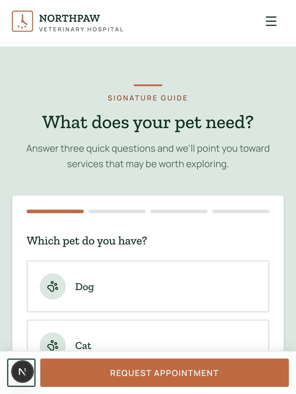 Northpaw mobile “What Does Your Pet Need?” interactive guide