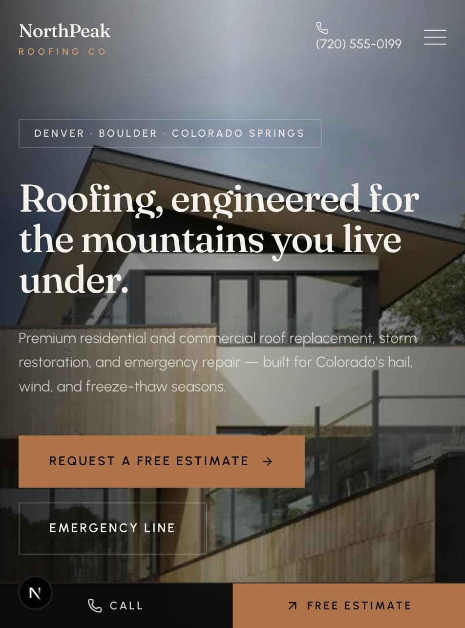 NorthPeak Roofing mobile homepage hero